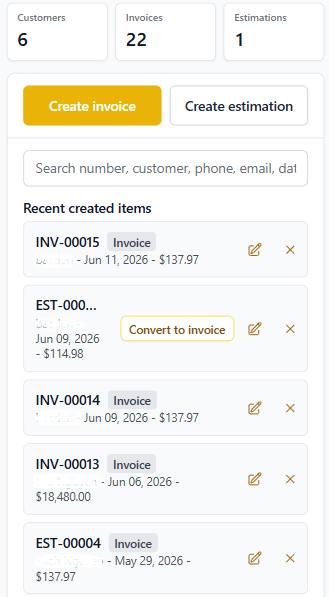 Tableau de bord InvoiceOnline