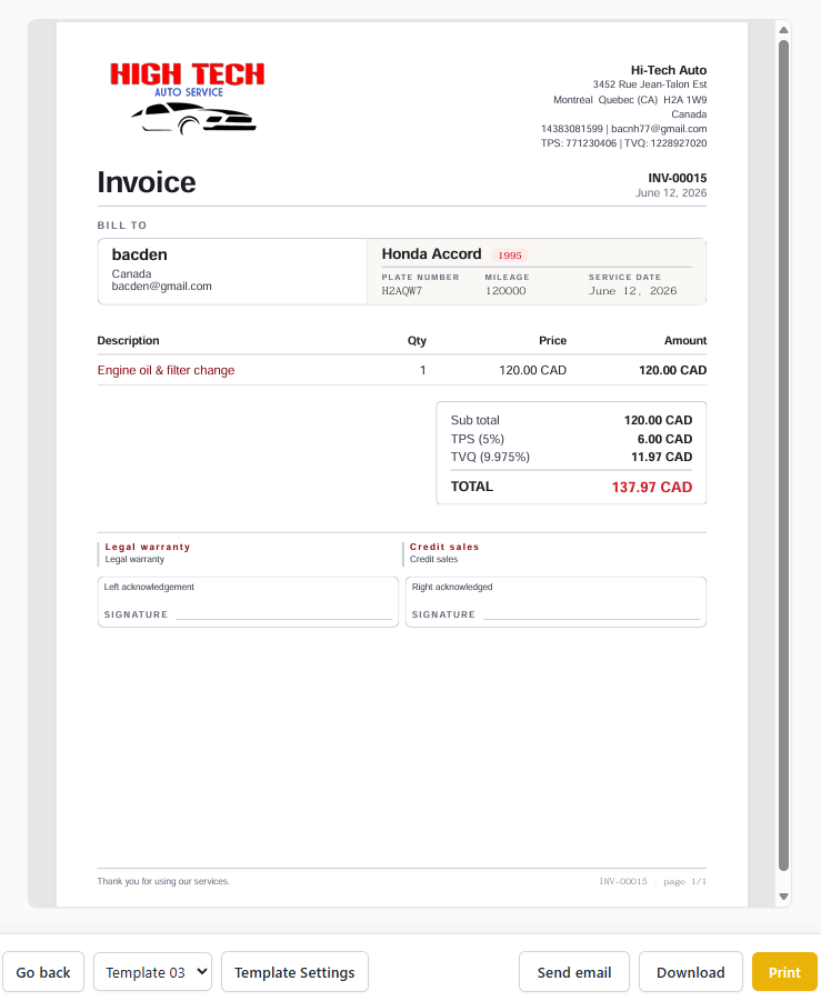 Contractor invoice PDF from InvoiceOnline