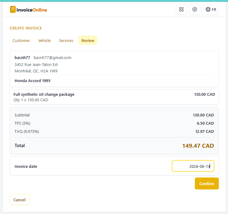 Auto repair invoice wizard in InvoiceOnline